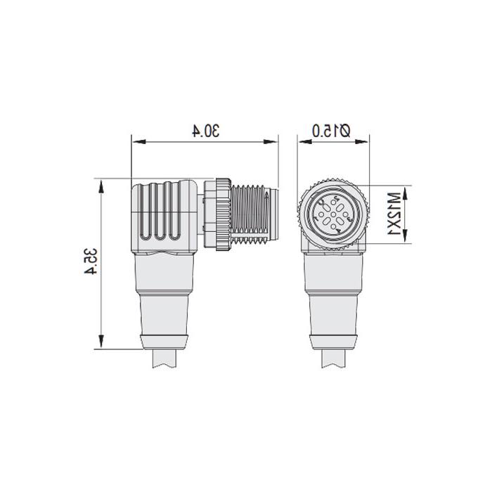 M12 5Pin 、公头90°、引脚5黄绿、单端预铸PUR柔性电缆、黑色护套、64S569-XXX